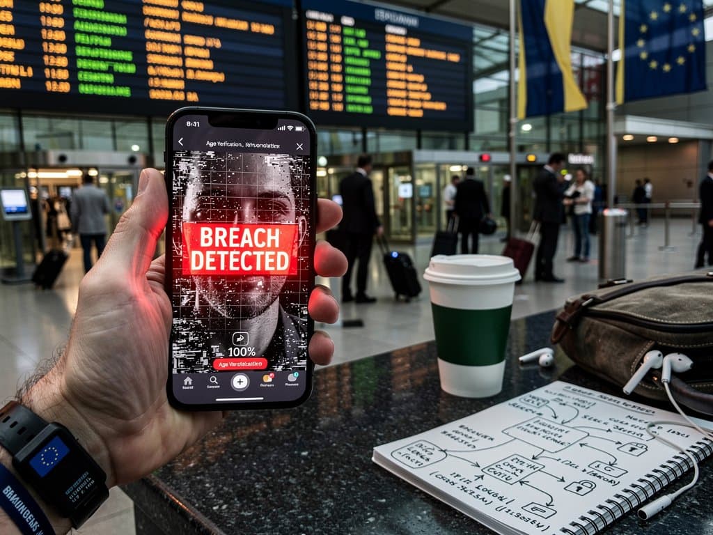 Smartphone showing EU age app breach alert in Brussels airport terminal with glitch effects, cyberpunk overlays, and rainy night ambiance