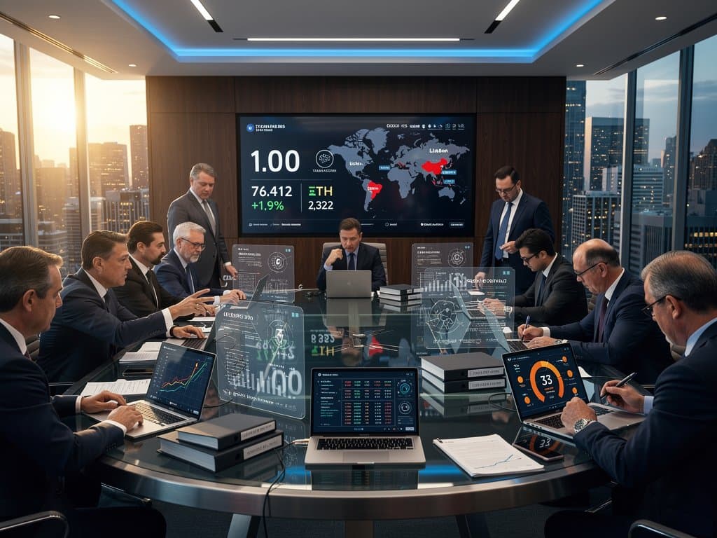 Central bank boardroom displaying US stablecoin warnings, BTC at $76K, and disrupted hotel booking charts