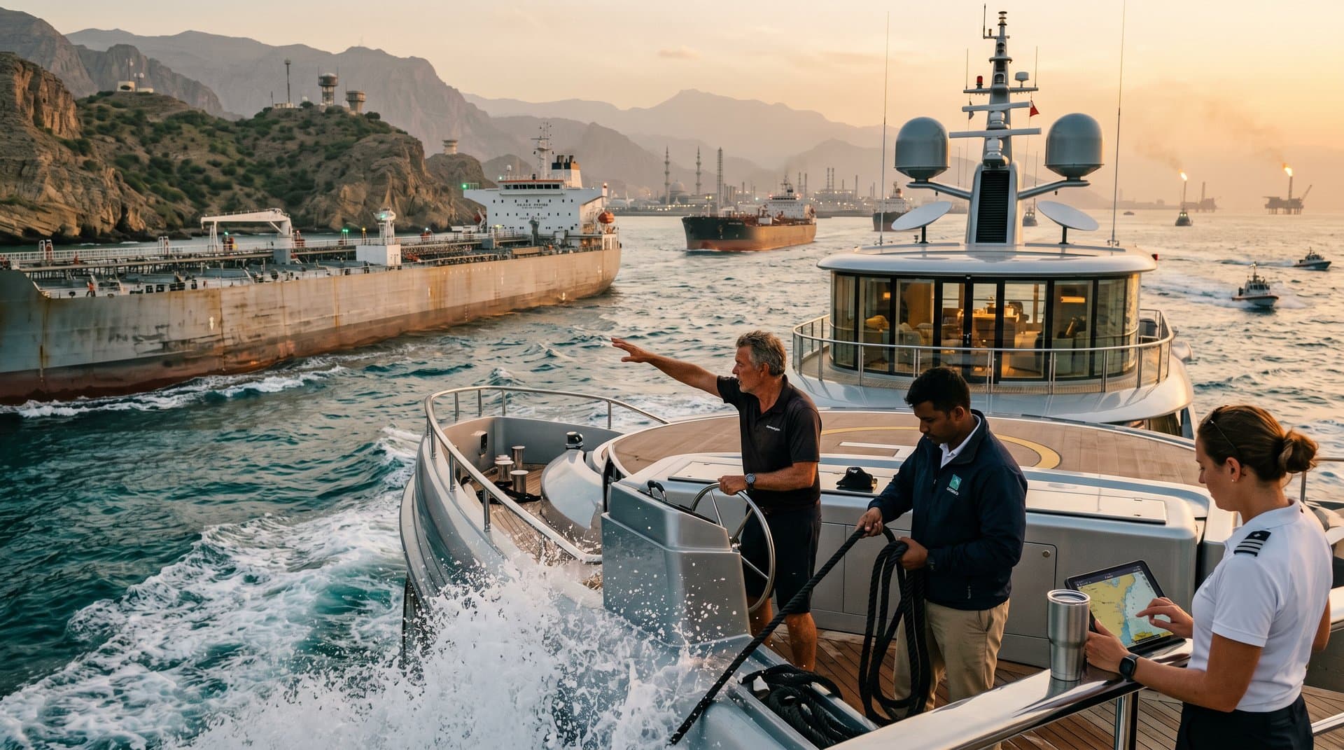 Ships navigate Strait of Hormuz with crypto scam alerts and BTC price overlays amid turbulent seas