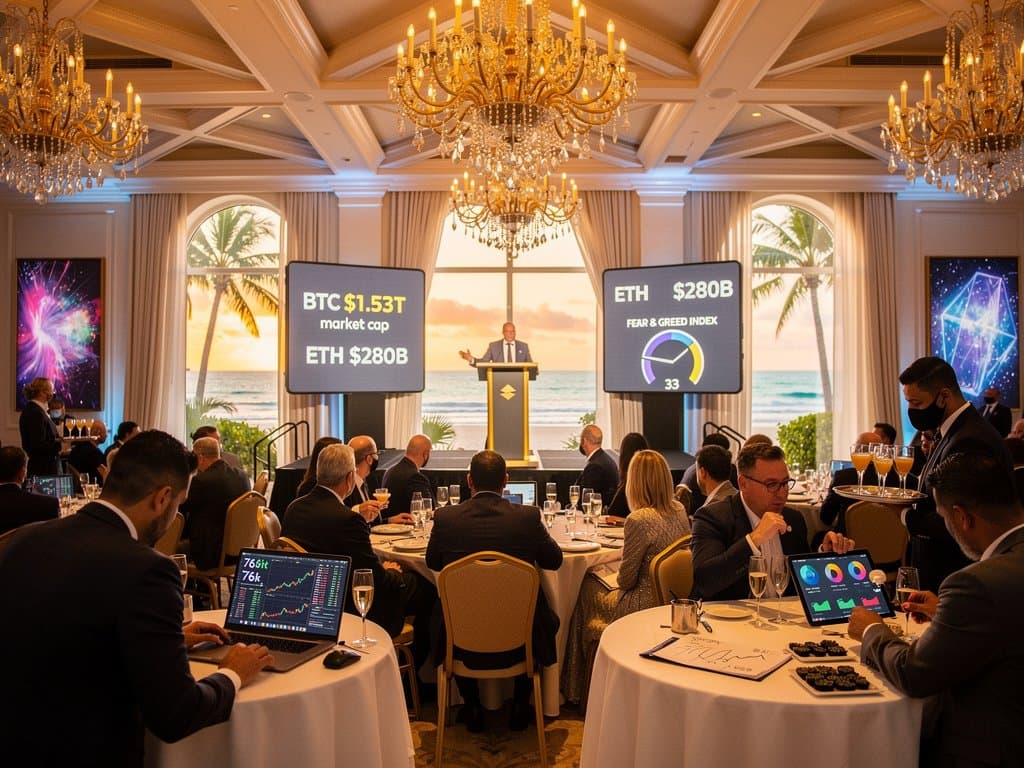 Delegates network around price screens and laptops in Mar-a-Lago ballroom amid chandeliers and ocean views