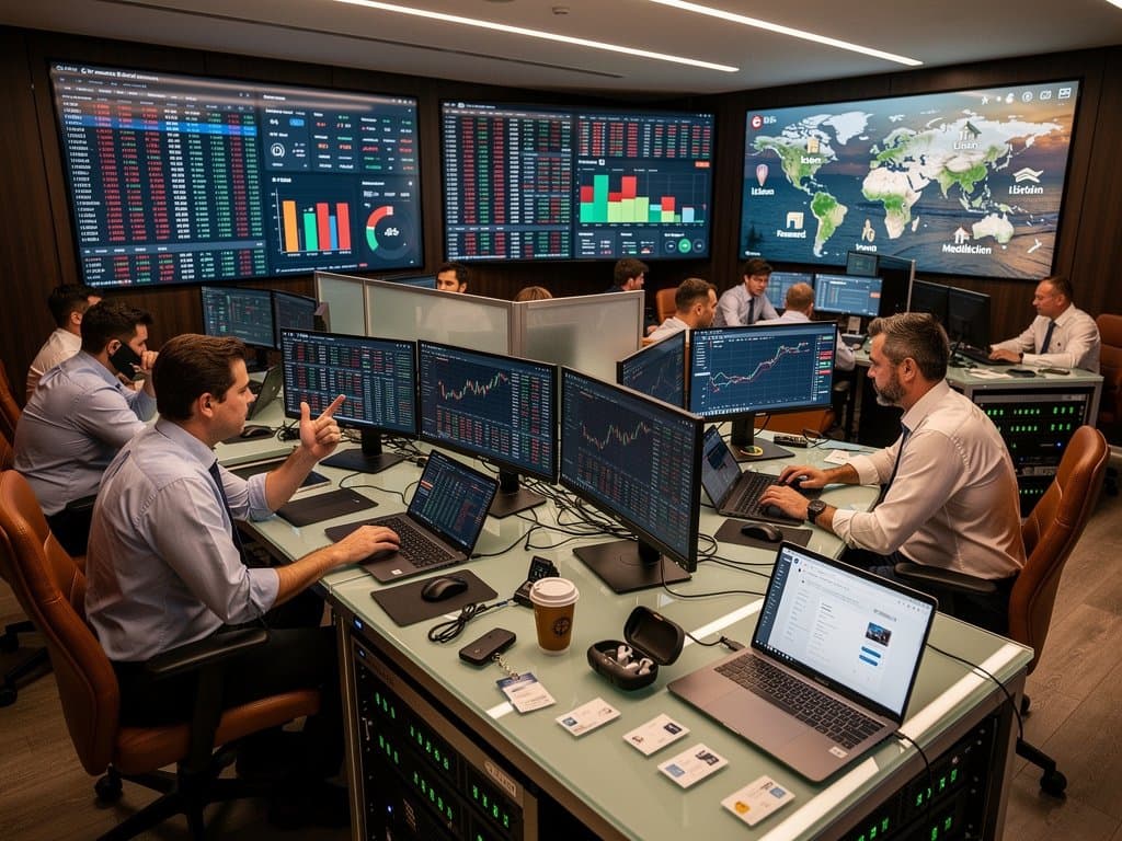 Traders and digital nomads monitor Bitcoin and Ethereum charts amid crypto bear market fear on intense trading floor