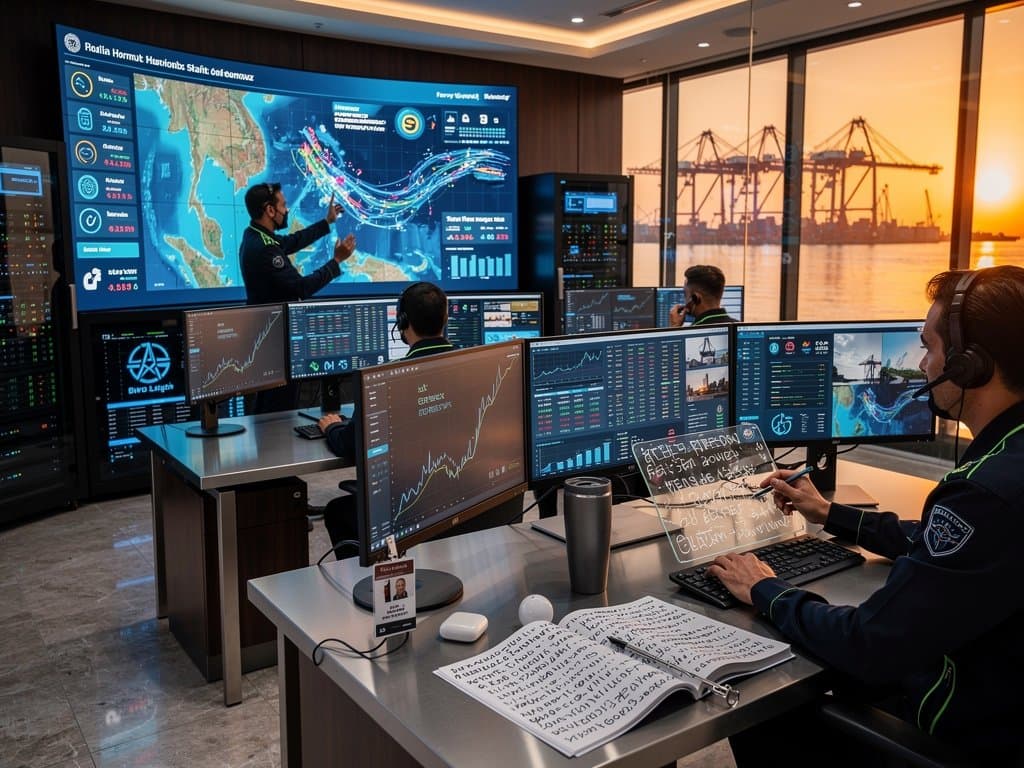 Dubai port control room screens track Hormuz ships and crypto volatility charts amid modern tech setup