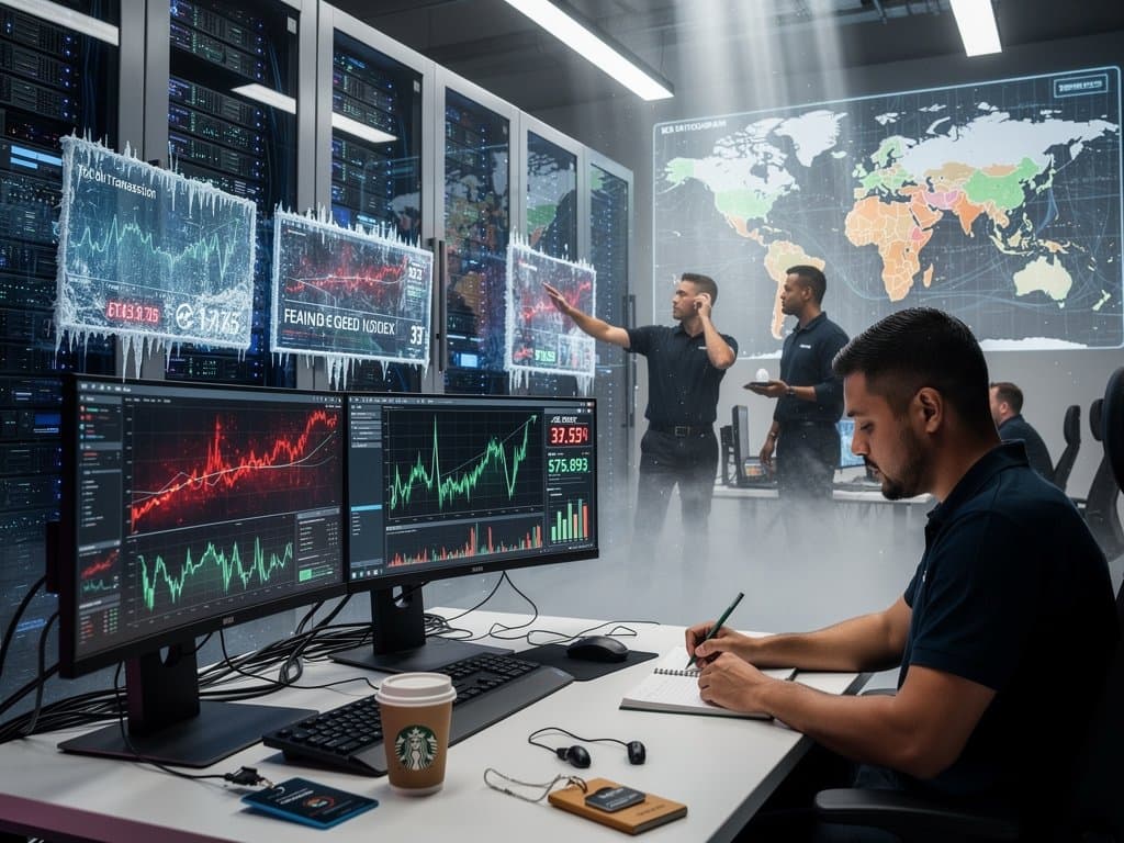 Blockchain security data center with glowing transaction heatmaps, risk dashboards, and travel scam zone maps