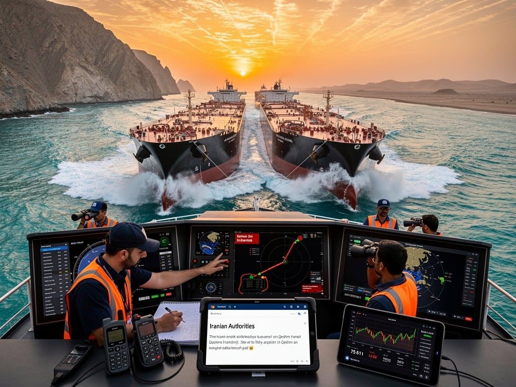 Tanker traffic in Strait of Hormuz with scam email overlay on AIS map and crypto charts