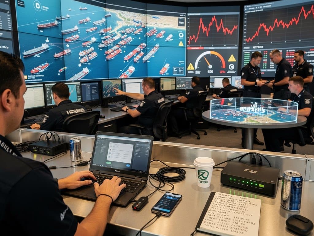 Maritime security screens display Hormuz ship tracks, red phishing alerts, and dropping BTC price charts in high-tech ops room