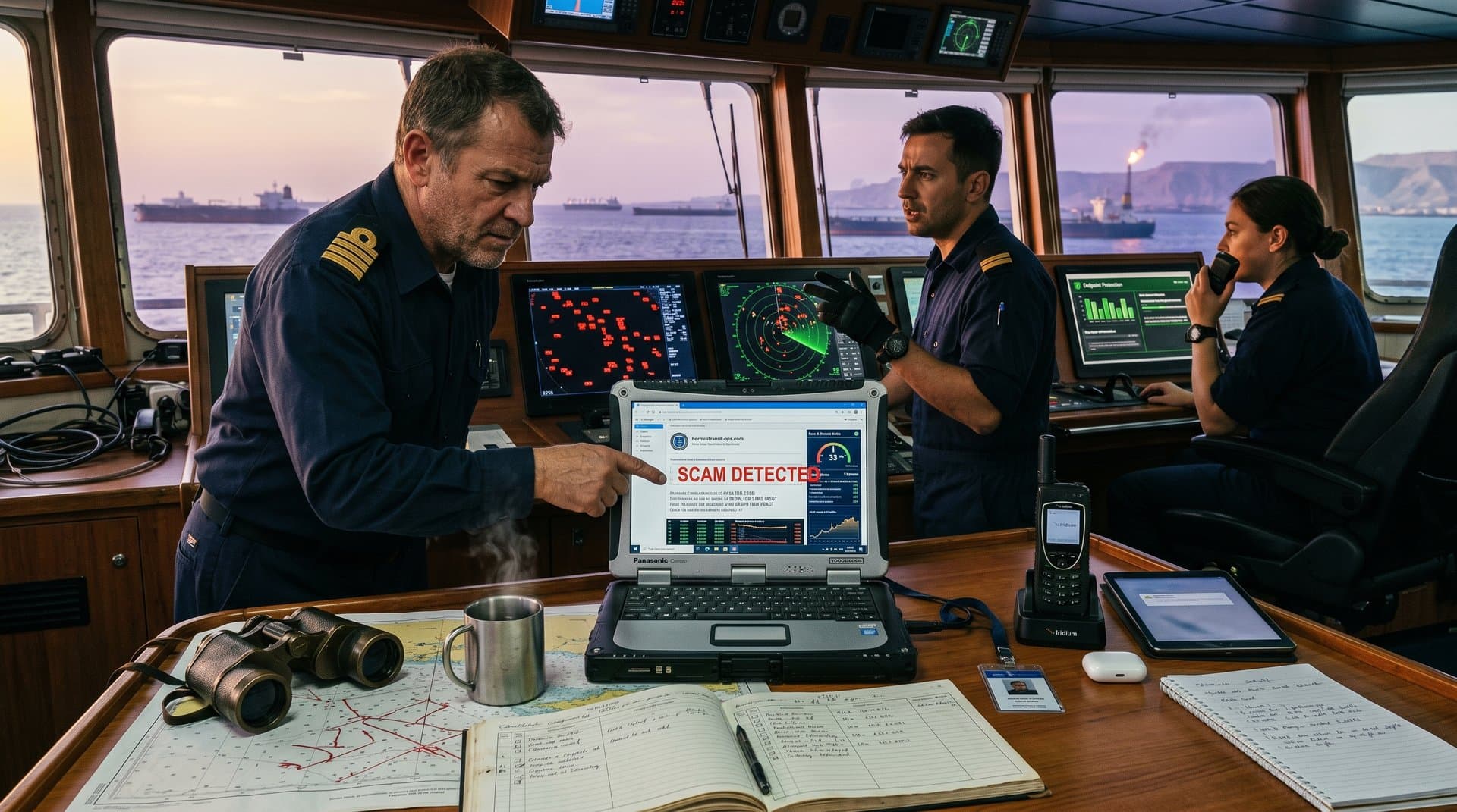 Ship bridge screens alert to Hormuz transit scams, BTC charts, and congested tanker AIS amid tense sunset transit