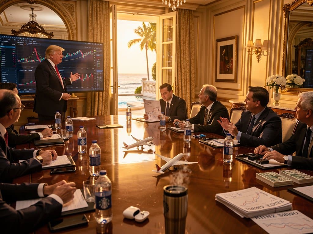 Mar-a-Lago conference room with crypto charts, ocean view, stablecoin documents on table