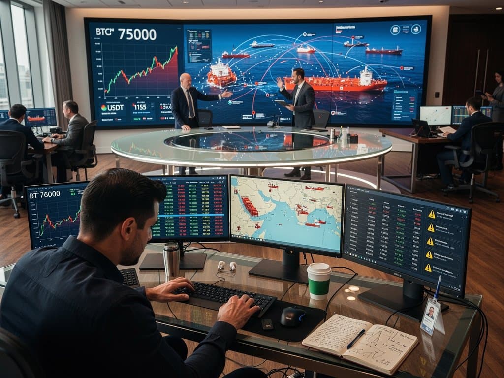 Finance screens show Hormuz transit scams, BTC charts at $75K, stablecoin data, and Gulf shipping risks