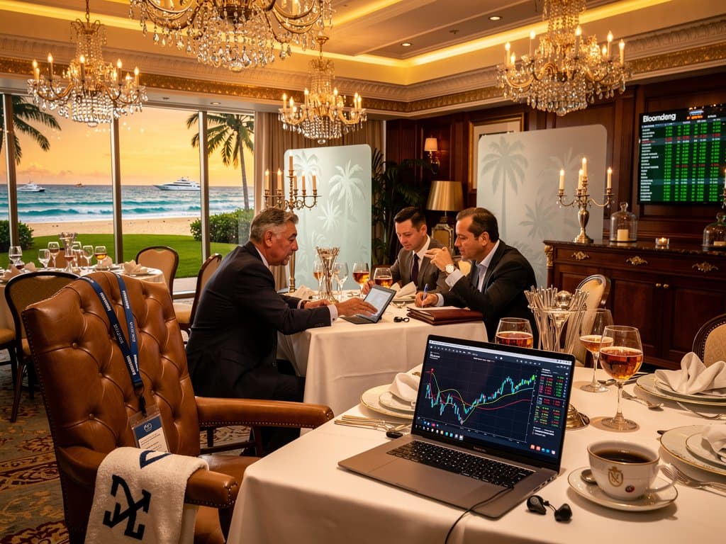 Silhouettes of suited professionals discuss crypto charts in Mar-a-Lago ballroom overlooking ocean, with cocktails, Bloomberg terminal, and luxury details