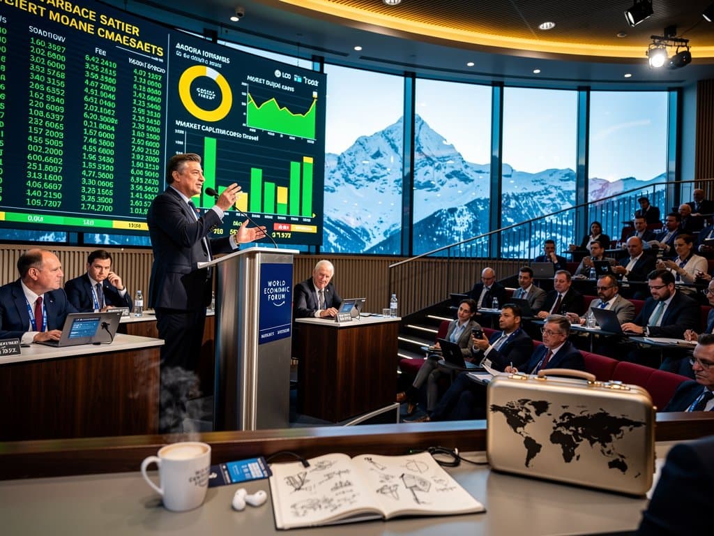 Panelists discuss digital assets on WEF Davos stage with Bitcoin charts on screens amid attentive global audience