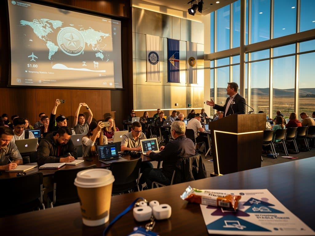 Speaker presents Wyoming Stable Token at EWC auditorium with travelers, crypto charts, and Wyoming plains view
