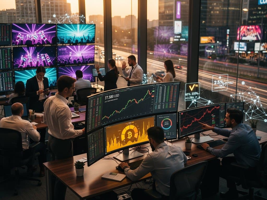 Crypto trading screens show Fear Index at 32, BTC $77K, rising EDM festival costs amid neon rave visuals